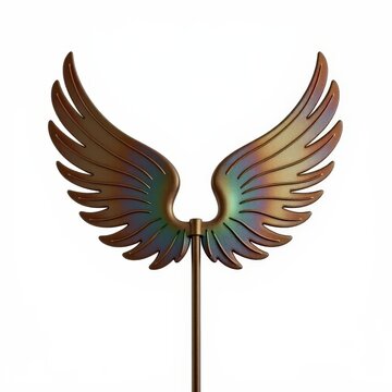 Metal angel wing treetopper with feathertextured details and iridescent finish, isolated on white background for holiday decor trends