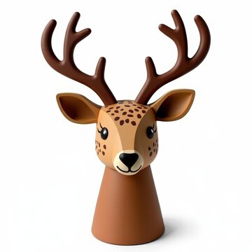 Papiermch woodland deer head treetopper with rustic painted patterns on white background for holiday decor