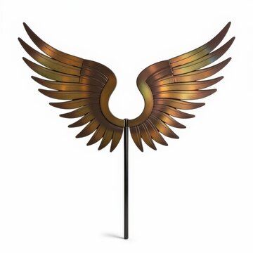 Metal angel wing treetopper with feathertextured details and iridescent finish on white background