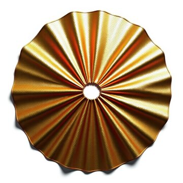 Metallic gold sequin christmas tree skirt in perfect circle shape reflecting light on pure white background for elegant holiday decor