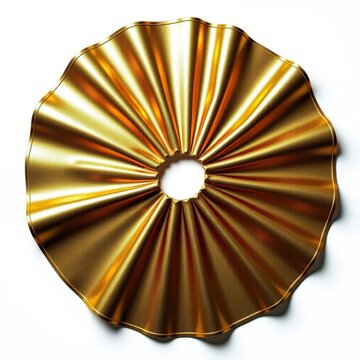 Metallic gold sequin christmas tree skirt in perfect circle reflecting light on pure white background for festive holiday decor