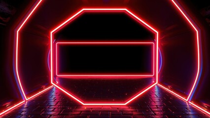 Fototapeta premium Neon octagon tunnel. Red illumination creates futuristic aesthetic. Dark background emphasizes glowing geometric shapes, inviting passage.