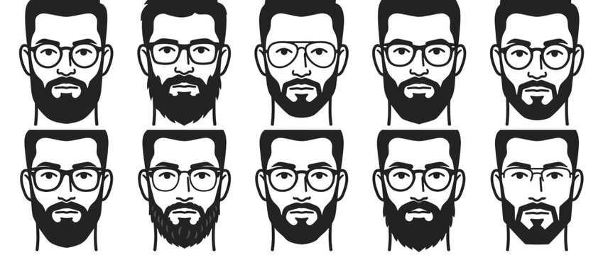 Set of men faces with different beard styles and eyeglasses in linear vector illustration