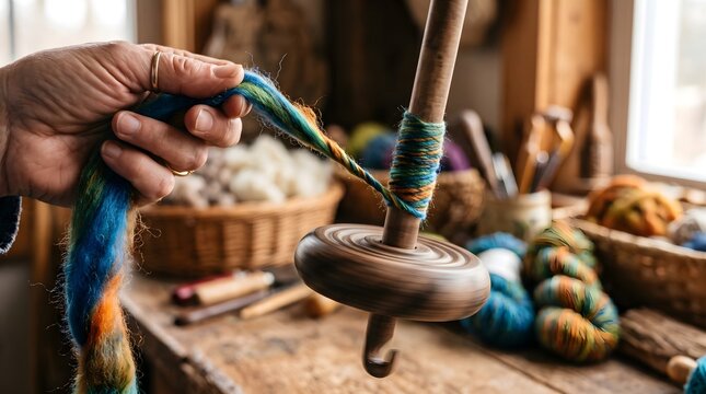 Traditional hand spinning yarn with wooden drop spindle, artisan wool craft, colorful roving fiber processing in rustic workshop