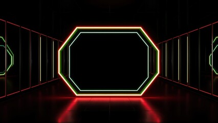 Fototapeta premium Dark room features octagonal neon lights. Reflections visible on polished floor create symmetrical perspective. Minimalist design, futuristic aesthetic.