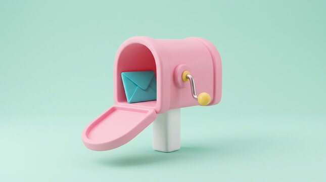 A playful pink mailbox with an open door and turquoise envelope inside, featuring a hand crank, pastel mint background, minimalist 3D product illustration.