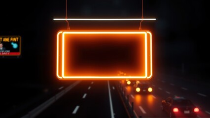Fototapeta premium Dark tunnel scene. Illuminated billboard hangs above highway traffic. Bright orange glow contrasts with black background. Vehicles move forward.