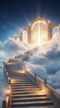 Stairway through clouds leads to a radiant celestial gate. Heavenly passage and spiritual journey. Dreamlike fantasy landscape. Afterlife, hope and transcendence concept.