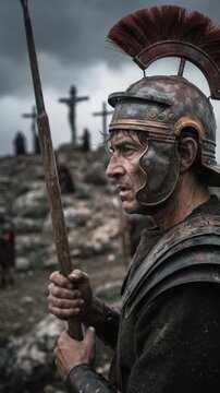 Roman soldier holding spear at ancient battlefield. Roman Empire, ancient history and military reenactment. Classical warrior, armor and archaeology. Historical drama.