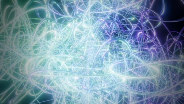 Tangled glowing teal and violet curved lines forming a dense web