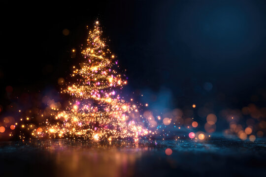 Shiny Christmas tree. Glittering lights in the form of a Christmas tree with bright shining and glowing particles. Christmas shiny tree with blurred lights effect 