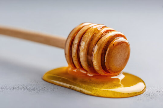 Honey dipper in honey isolated on light grey background 