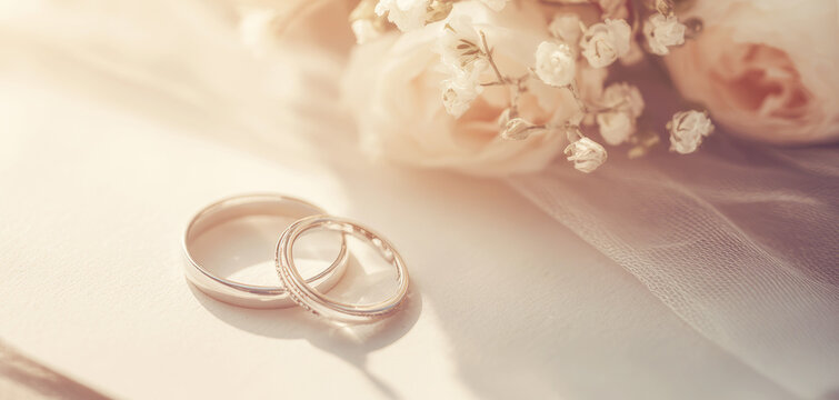 Wedding rings on white veil with blurred flowers in soft light, symbolizing love and commitment
