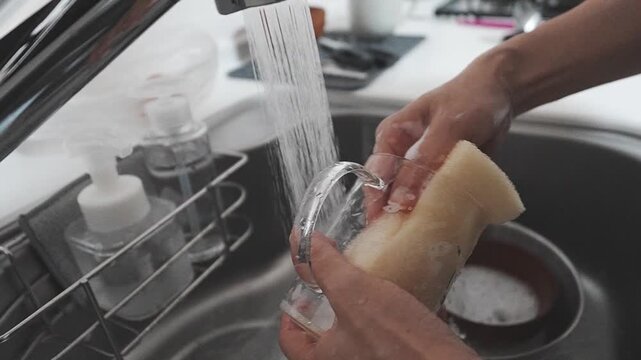 Washing a Glass Cup in a Kitchen Sink