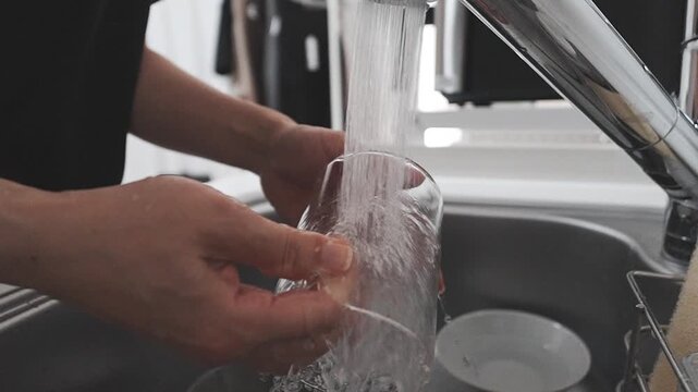 Washing a Glass Cup in a Kitchen Sink