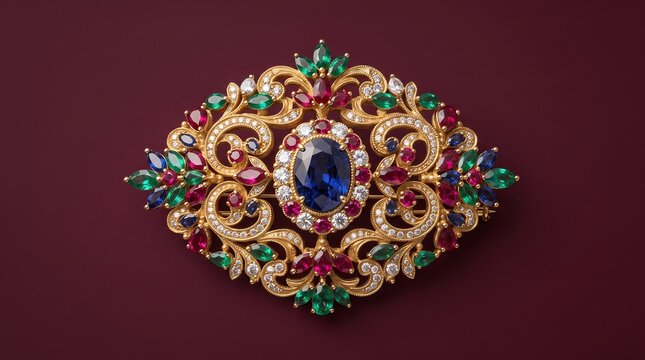 Ornate vintage gold brooch featuring a central blue sapphire surrounded by emeralds rubies and small diamonds