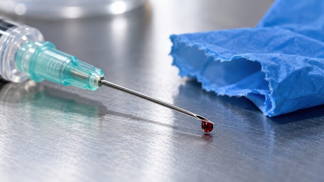 Pathogen exposure risk from used syringe needle with blood drop beside torn blue nitrile glove on lab bench, needlestick injury and blood-borne pathogen hazard