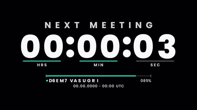 See you soon digital countdown timer with bold numbers, cyan progress bar and meeting status interface. Scheduled event countdown animation. 4K