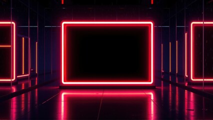 Fototapeta premium Dark room features glowing neon rectangles, creating infinite reflections. Futuristic design, vibrant pink illumination dominates space.