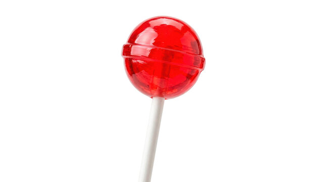 Lollipop &mdash; Photorealistic lollipop, glossy round hard candy on a straight white stick, vibrant translucent sugar surface and clean confectionery finish; front three-quarter close-up view, tack-sharp