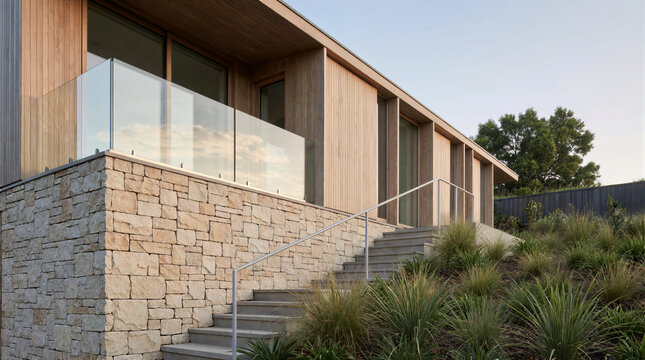 Split level house with a stone base and a timber clad upper storey corner view