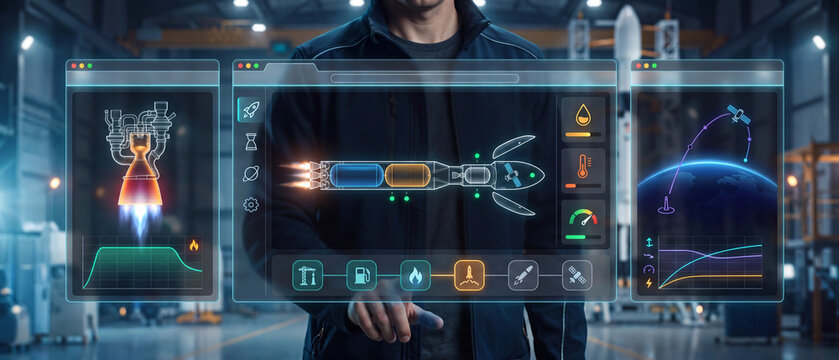 Aerospace engineer using holographic interface for rocket science and rocket engine design, showing propulsion, stage separation, launch control, spacecraft telemetry, trajectory and satellite orbit.