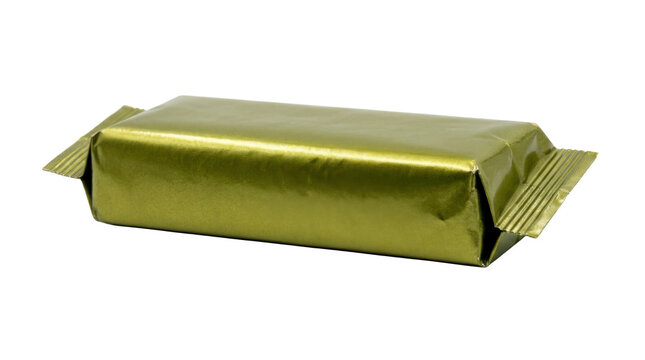 Olive green foil-wrapped candy bar with neat rectangular shape, metallic wrapper sheen and crimped sealed ends, clean unbranded confectionery packaging; photorealistic product photography, front 3/4