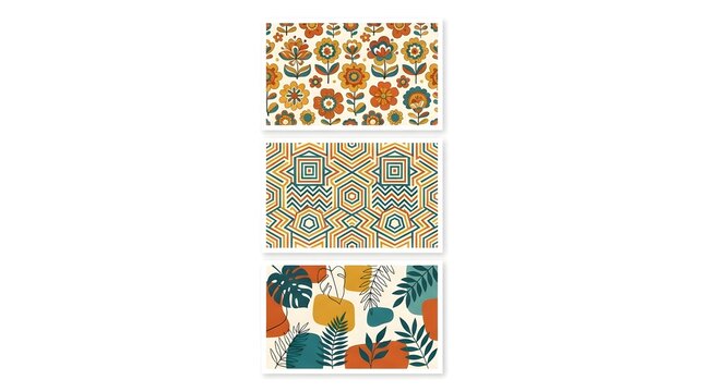 Set of three rectangular art tiles featuring retro seventies flower patterns and intricate geometric bohemian motifs pattern design geometric shapes floral pattern ornamental tiles