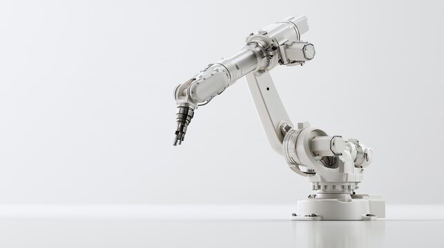 Minimalist studio product shot of a white six-axis industrial robotic arm on a pure white background, soft diffused lighting, subtle floor reflection, and sharp metallic details.