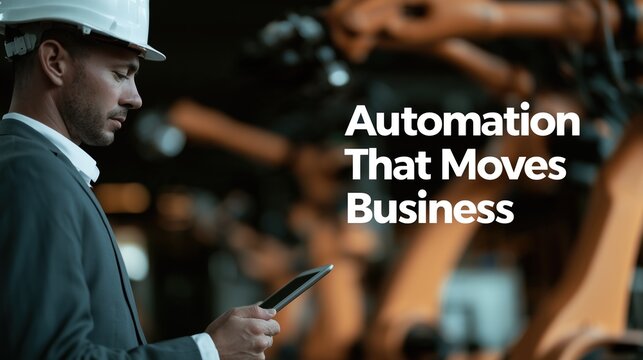 Wide industrial banner of an engineer in a white hard hat holding a tablet on the left, blurred robotic arms behind him, and bold white sans-serif text &ldquo;Automation That Moves Business&rdquo; on the right.