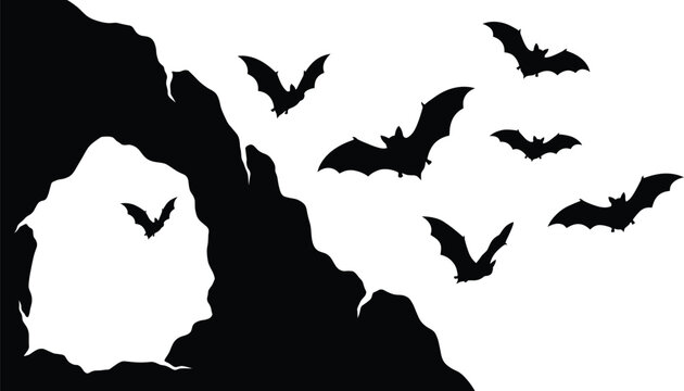 Spooky Halloween Bat Silhouettes Flying Around Rocky Cave Opening in Solid Black Vector Style