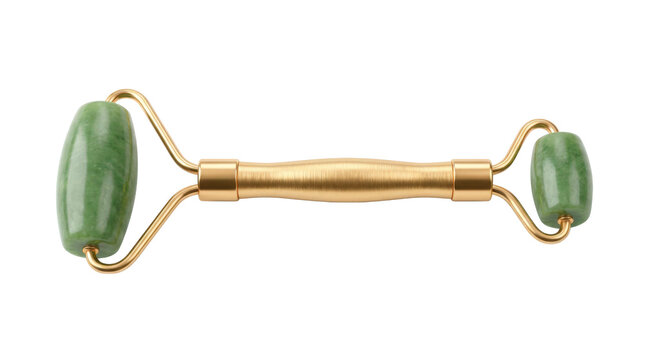 Polished green jade facial roller with a dual-ended design, featuring a large cooling stone on one end and a smaller one on the other, held by gold-tone metal. Photorealistic, top 3/4 view, horizontal