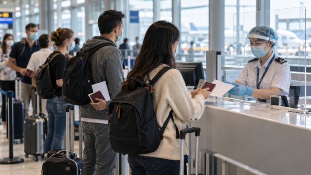 Airport health control checkpoint with masked travelers queuing to show passports and health documents to officer behind protective screen and face shield