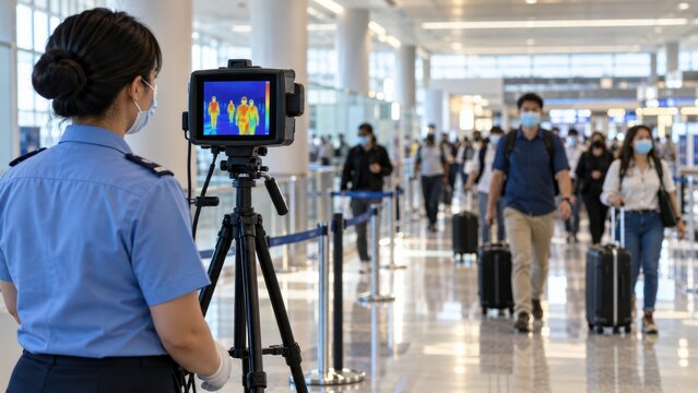 Airport health control officer monitoring thermal imaging camera on tripod screening masked travelers with luggage for fever in terminal, thermal screening
