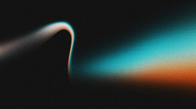 Grainy Gradient Background with Cyan Teal and Orange Glow, Dark Abstract Noise Texture, Curved Blurred Light Effect for Digital Design