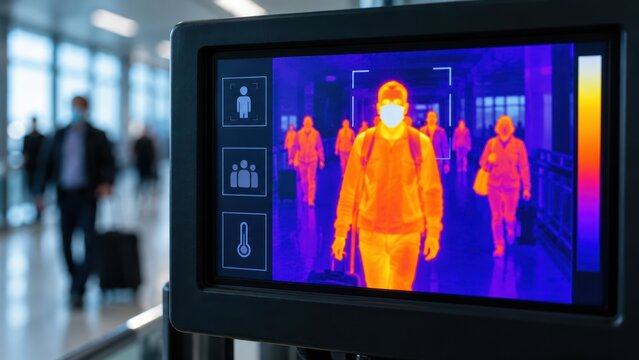 Airport health control thermal imaging screen detecting body temperature of masked travelers walking with luggage in terminal, fever screening system