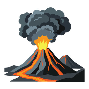 Volcanic Eruption Illustration: A dramatic illustration depicts a volcano erupting with molten lava flowing down its slopes and a plume of dark ash clouds billowing into the sky.