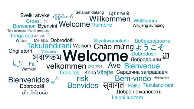 Welcome word cloud tag animation on white background in After Effects, representing hospitality greeting, open door reception, community onboarding, and friendly invitation concepts.