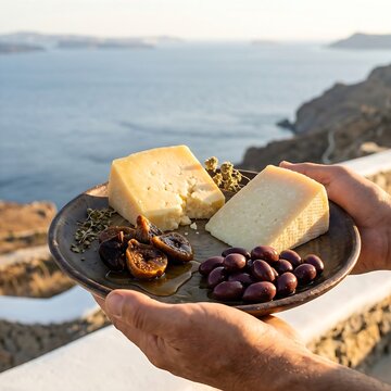 hands holding Greek Aegean Platter: An artfully arranged selection of Greek cheeses, featuring a block of barrel-aged Kasseri and a wedge of salty Graviera. Accompaniments: honey-drizzled dried figs, 