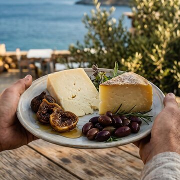 hands holding Greek Aegean Platter: An artfully arranged selection of Greek cheeses, featuring a block of barrel-aged Kasseri and a wedge of salty Graviera. Accompaniments: honey-drizzled dried figs, 