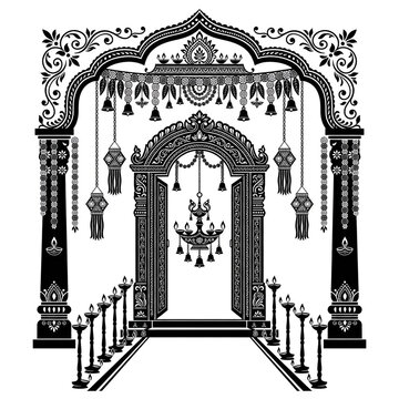 Traditional Indian wedding arch mandap decoration frame vector graphic, ornate floral archway entrance gate line art artwork, elegant Hindu ceremony festival decor silhouette graphic design
