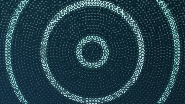 Abstract concentric circles of halftone dots on dark teal background, futuristic radial pattern for technology visuals, digital geometric motion backdrop