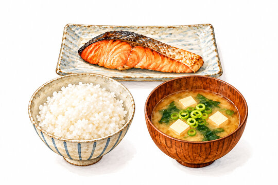 Watercolor grilled salmon with rice and tofu miso soup