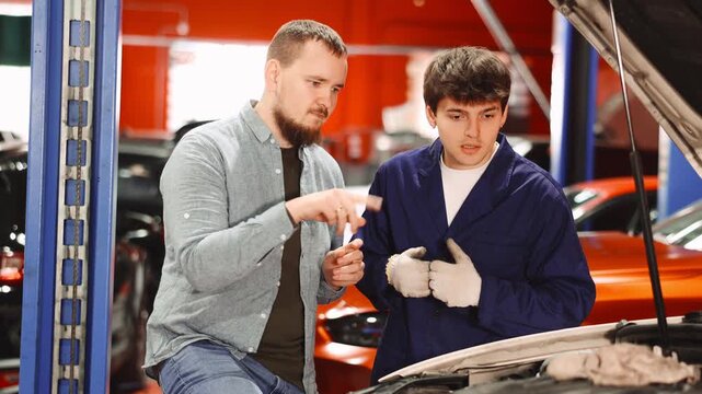 Young customer of a car service communicates about the process of repairing a car with a qualified mechanic. Specialist gives recommendations on oil changes, engine checks and tire changes 