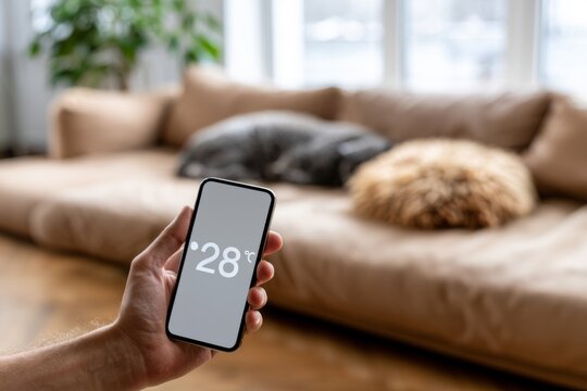A hand holding a smartphone showing a twenty eight degree temperature setting inside a living room with a sleeping dog on a sofa in the background