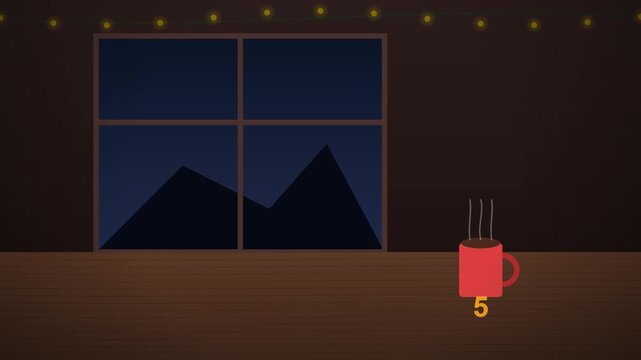 Cozy winter night with hot cocoa by the window, illuminated by festive string lights, suggesting warmth and relaxation