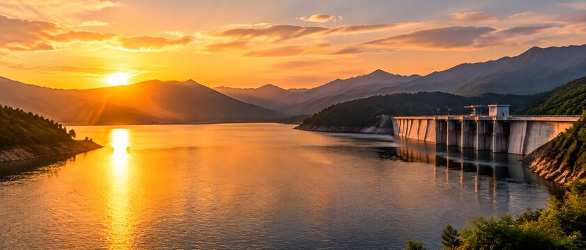 Reservoir lake at golden hour with warm sunlight across water mountain silhouettes and dam structure