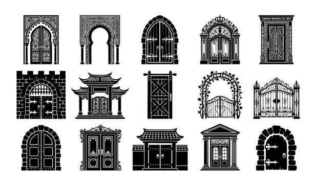 Untitled design - 2 Modern Gate and Security Entrance Black Silhouette Vector Icons Set