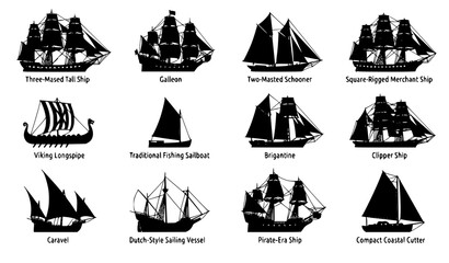Vintage Sailing Ship Silhouette Vector Set with 12 Maritime Vessels © MstArjina