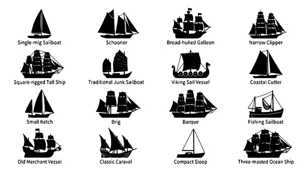 16 Minimalist Vintage Sailing Ship Black Silhouette Icons